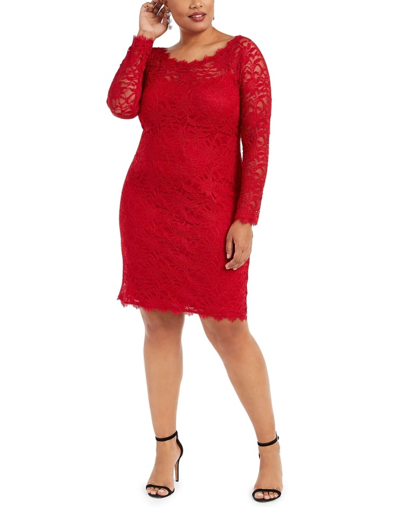 Front of a model wearing a size 1X Jump Women's Trendy Plus Size Lace Sheath Dress Red Size 1X in Red by Jump. | dia_product_style_image_id:313221